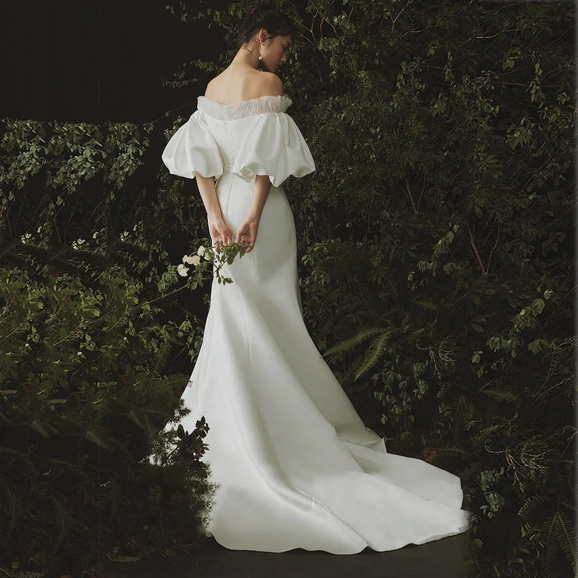 2022 new bride Dress Retro Satin mermaid wedding dress With Train Off the Shoulder Latern Sleeves sukienka dresses for women black wedding dresses