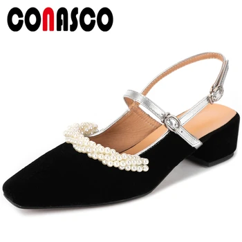 

CONASCO 2020 Spring Summer Fashion Casual Woman Pumps Pearl String Bead Narrow Band Thick Heels Slingbacks Shallow Shoes Woman