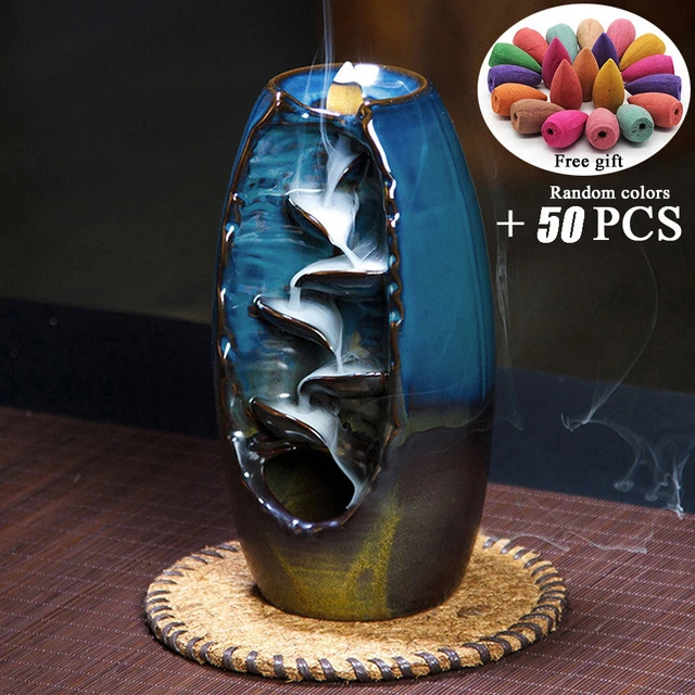 Burner with 50PCS Горный речной ручной ладан держатель керамический обратный поток водопад Подставка под курения курильница подарок матери домашний декор - Цвет: Burner with 50PCS