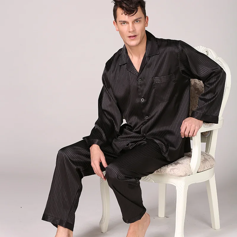 mens pyjama tops Sleepwear Men Black Nightwear Long Sleeve Pajamas Sleeping Suit for Men Housewear Silk Pajamas for Men Sleepwear Mens Pajama Set plus size pajama pants