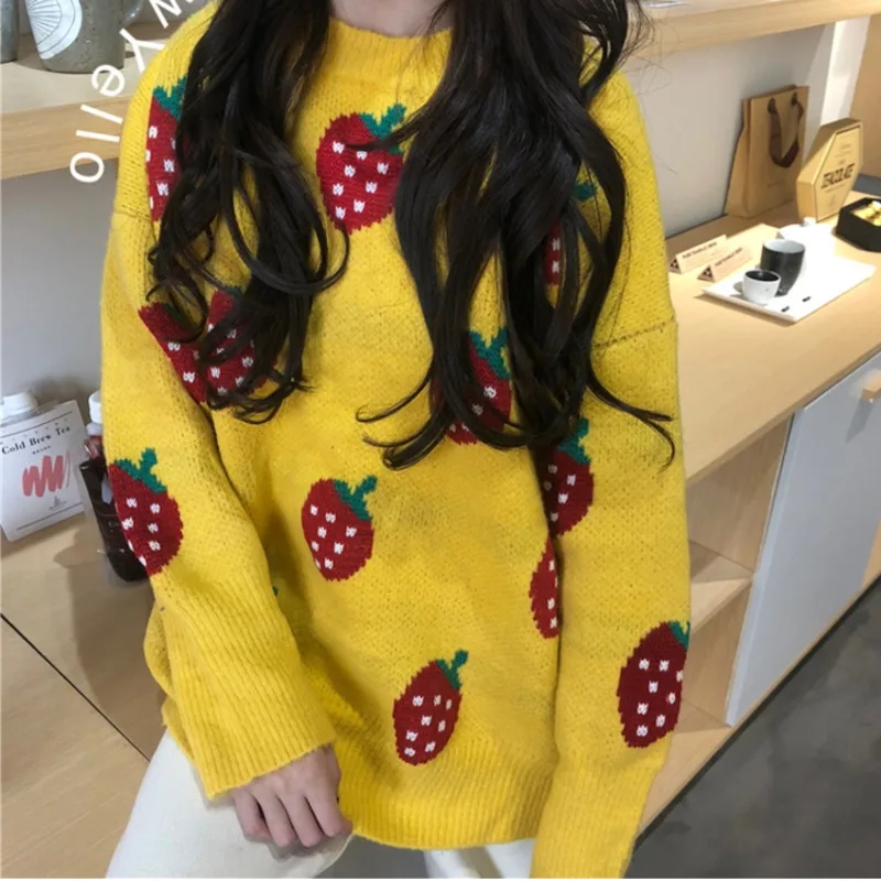 Осенний корейский женский милый вязаный жаккардовый вязанный Свободный пуловер с клубничкой пуловер с круглым вырезом свитер с длинными рукавами