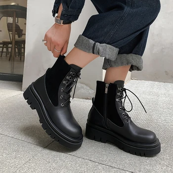 

Genuine Leather ankle Boots thick heels platform Women Boots Office Shoes Woman 2020 Winter Warm High Heels size 41 42 43
