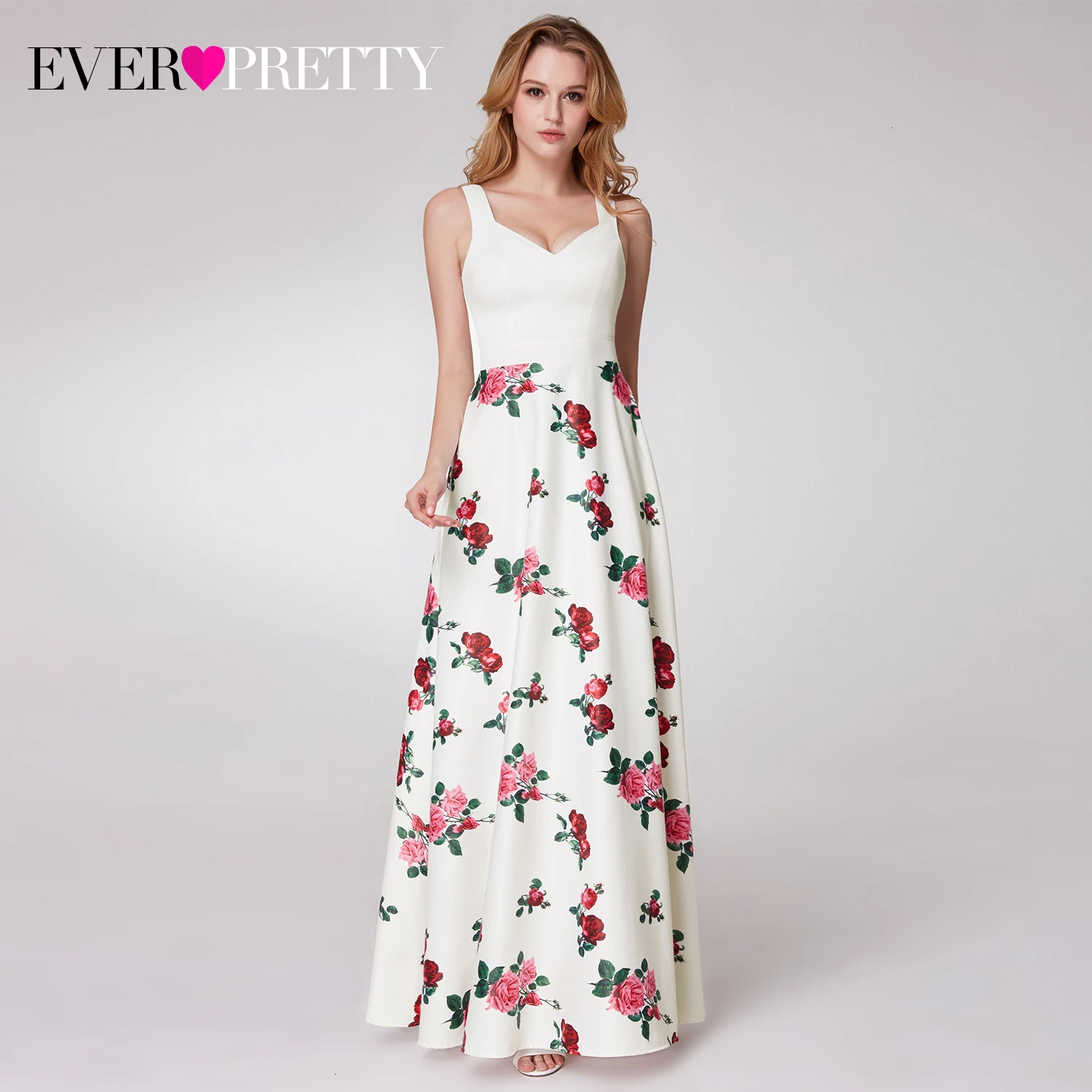 

Simple Floral Printed Prom Dresses Long Ever Pretty A-Line V-Neck Sleeveless Elegant Evening Party Gowns Vestido De Fiesta 2019