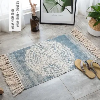 

Nordic Cotton And Linen Knit Rug Ethnic Style Carpet Tassel Small Rug Bedroom Kitchen Rugs Mat Boho Washable Home Decoration
