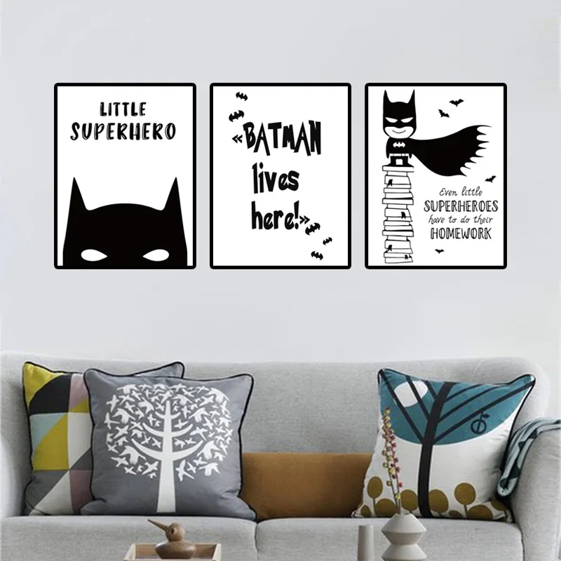 Black and White Superhero Batman Canvas Painting Funny Wall Art Poster For Living Room Kids Children Room Decoration
