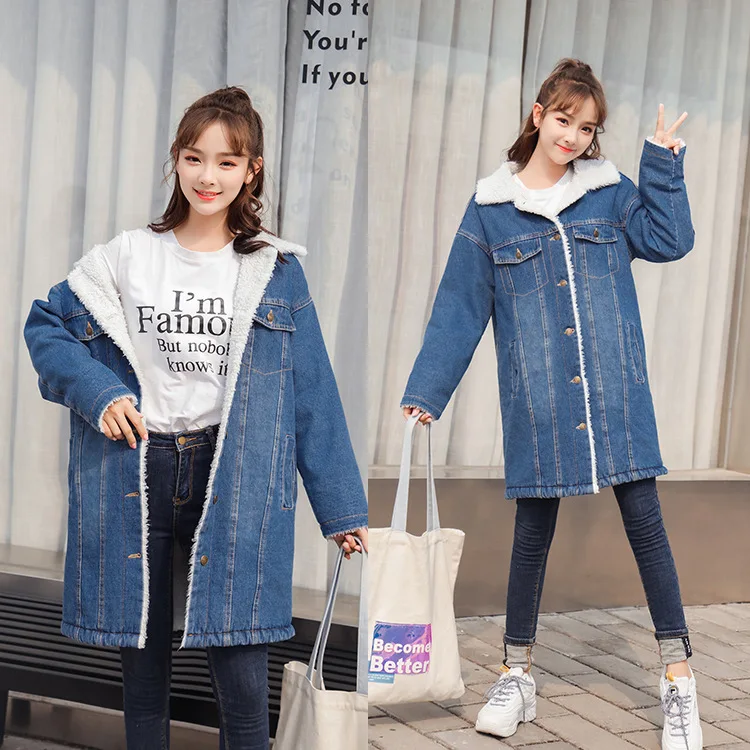 

2019 Winter New Style Brushed And Thick Mid-length Cotton Coat Loose And Plus-sized Warm Jeans Coat Women Coat