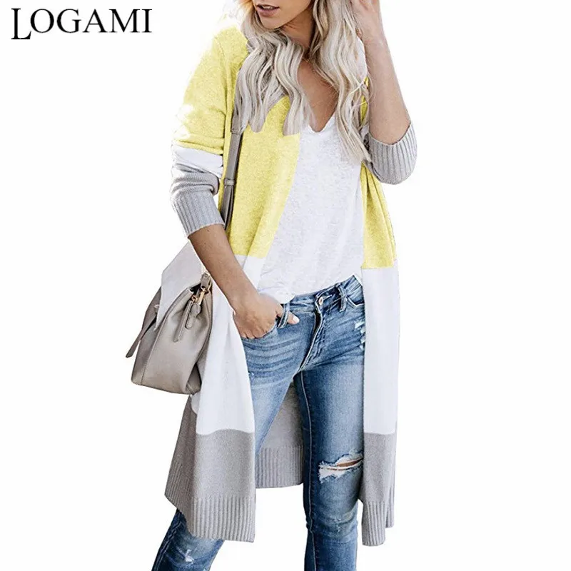 

LOGAMI Three Color Patchwork Long Cardigans Women's Striped Knitted Sweater Autumn Winter Fashion 2019 Coat New Streetwear
