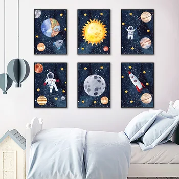 

Cartoon Astronaut Rocket Sun Moon Earth Wall Art Canvas Painting Nordic Posters And Prints Nursery Wall Pictures Kids Room Decor