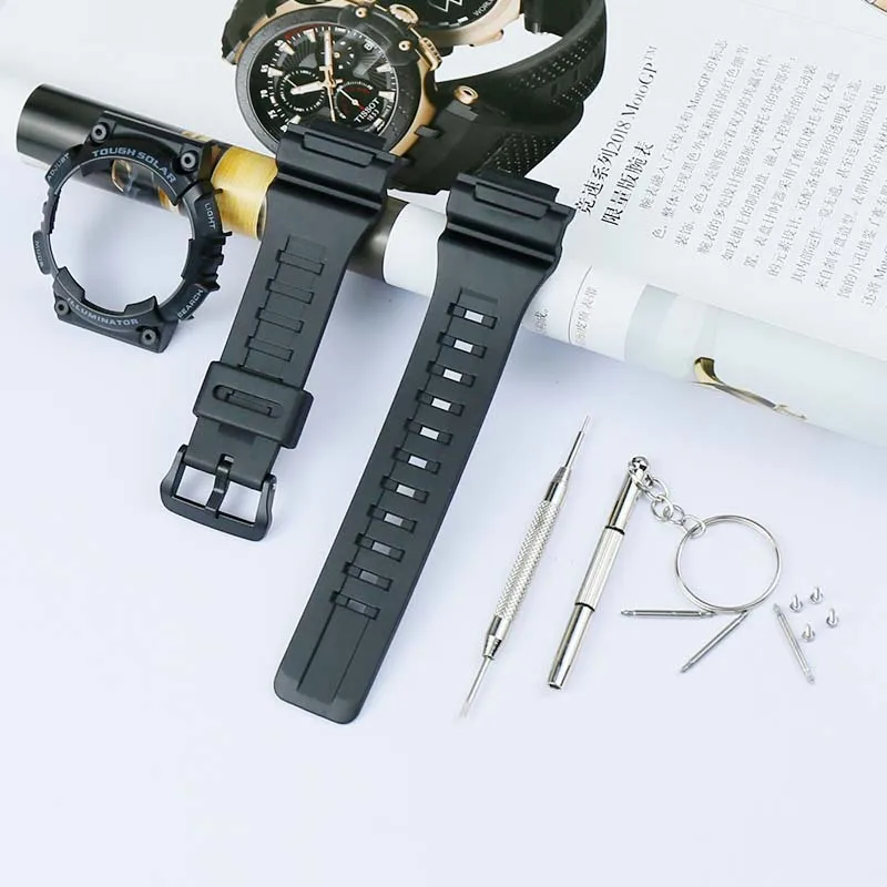 Black gray word Watch accessories men's and women's resin strap for Casio watches with case AQS810W silicone rubber bracelet watch with case - Band Color: Black gray word