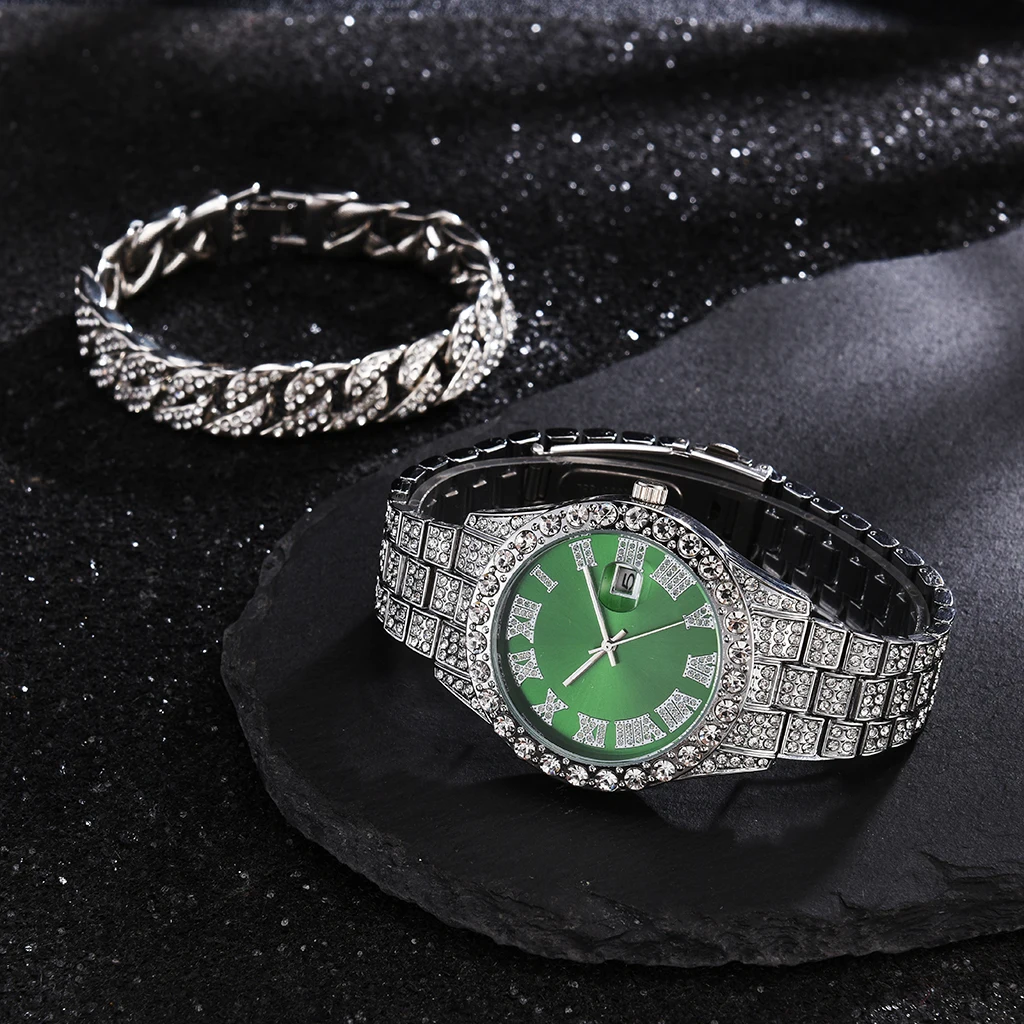 2 Pcs Watch+bracelet Hip Hop Stainless Steel Gold Color Calendar Watch For Men Iced Out Paved Rhinestones Men Watch Reloj Hombre