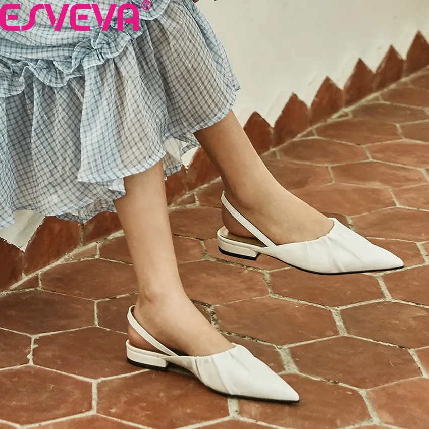 

ESVEVA 2020 Back Strap Square Low Heel Sandals Quality Sheepskin Pointed Toe Women Pumps Slingback Summer Ladies Shoes Size34-40
