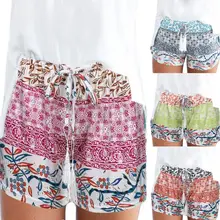 Женские повседневные шорты с высокой талией, эластичные летние пляжные шорты выше колена с принтом и бантом