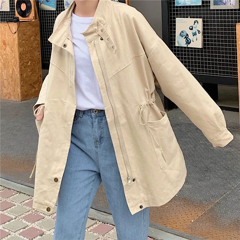 Осень Harajuku стиль большой карман куртка для женщин стоячий воротник Bf Свободное пальто женское зеленое пальто с длинным рукавом для женщин