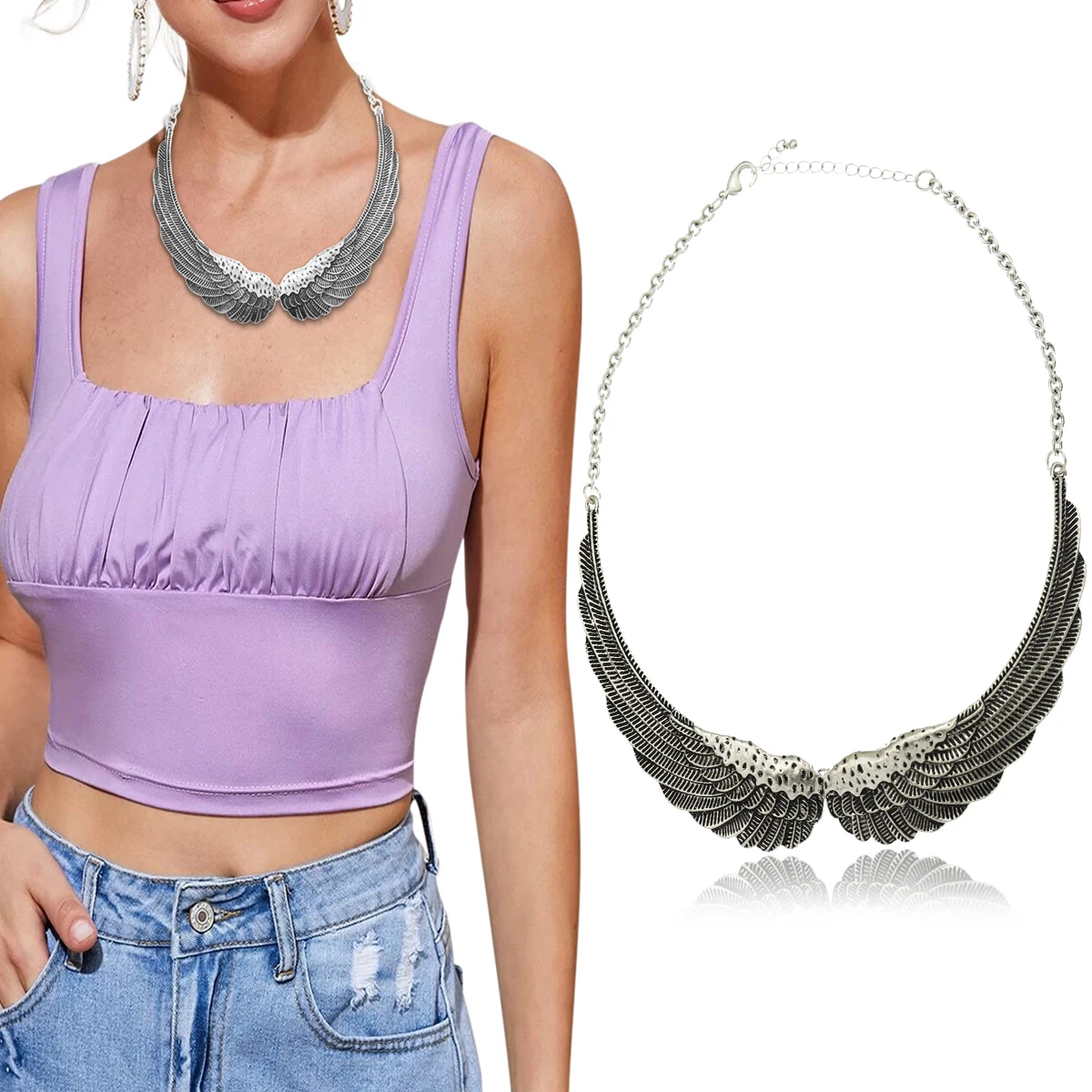 

Vintage Angel Wings Feather Choker Big Pendant Aesthetic Link Chains Statement Necklace for Women Collar Bib Wedding Tribal Gift