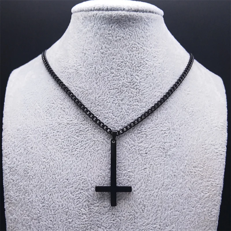 Stainless Steel Gothic Upside Down Cross Necklace Man Black Punk Inverted Cross Men Chains Goth Jewelry