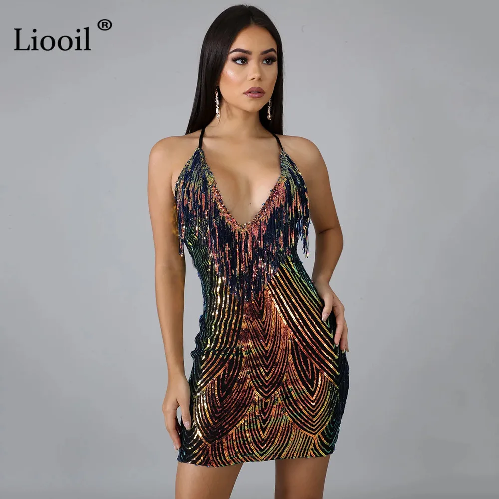 Liooil, сексуальное, с блестками, с кисточками, облегающее, мини платье, для женщин, Клубная одежда,, без рукавов, v-образный вырез, на тонких бретелях, обтягивающие, вечерние, для ночного клуба