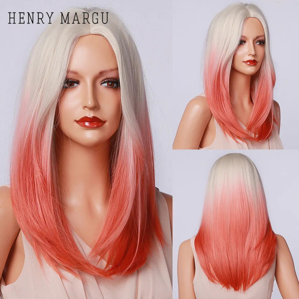 Henry margu longa reta perucas de festa cosplay branco loira vermelho ombre perucas de parte média resistente ao calor perucas sintéticas para mulher