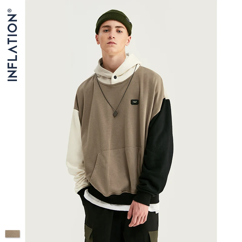 Tanie INFLATION Design FW 2019 kontrastowe kolory męskie modne bluzy ze wstawkami w różnych kolorach męskie bluzy z nadrukowanym logo odzież uliczna mężczyźni luźny krój