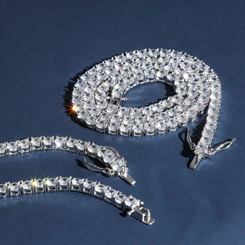 

Europe And America Hot Selling 4mm925 Fine Silver Hip Hop Single Row Tennis Pendant Full Zircon MEN'S Necklace Tennis Chain