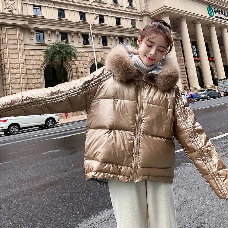 

2019 Winter New Style Bright Surface Short Students down Coat Reversible down Jacket Cotton-padded Clothes