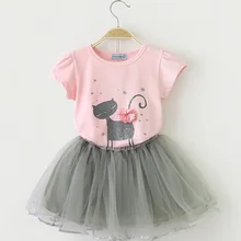 Платье для девочек; коллекция года; летний комплект одежды для детей; футболка с милым кроликом и платья с вуалью для девочек