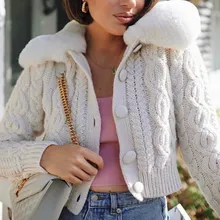 

2021 Autumn and Winter New Korean Women's Pure Color Big Fur Collar Knit Short Coat Sweet Sweater Cardigan Streetwear Short Coat