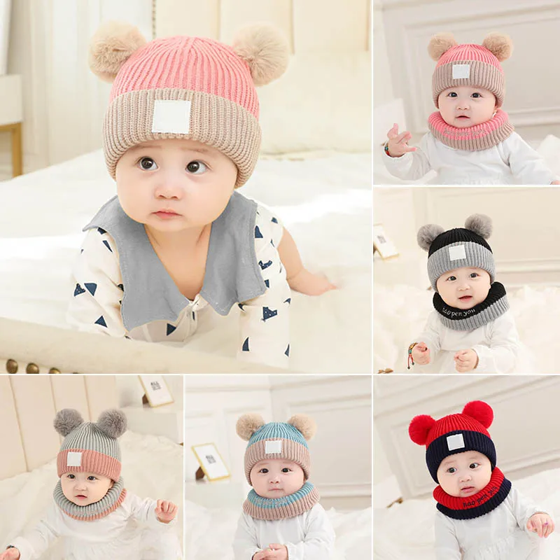 2pcs Unisex Child Beanies Cap Set Kids Winter Wool Hats Scarf For Baby Boys Girls Beanie Cap Scarf Set Winter Warm Suit Set