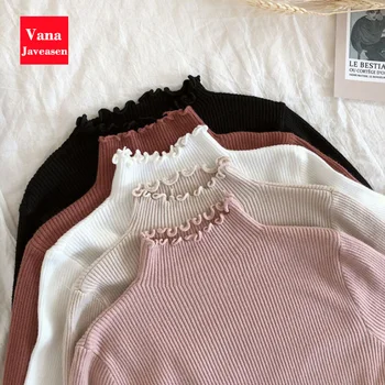 

Winter Fashion Slim Sweater Women Turtleneck Knitwear Tops Solid Color High Elastic Ruched Sweater Knitted Pullovers Office Lady