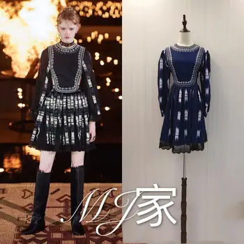 

New embroidery long sleeved gradient stripes round collar ornament heavy lantern stitching bud silk waist dress