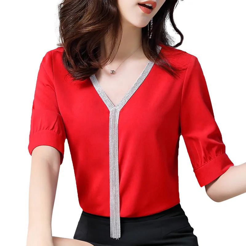 Elegant shirt women professional clothes new summer fashion temperament V Neck chiffon half sleeve blouse plus size loose tops
