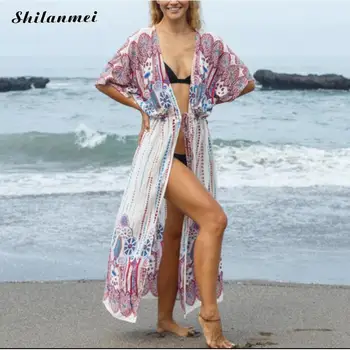 

2020 Boho Loose Long Dress Oversize Beach Cover Up Kimono Vintage Print Floral Holiday Bikini Cover Up Outing