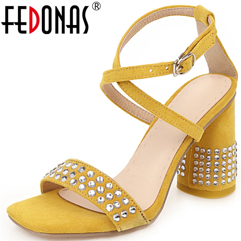 

FEDONAS Fashion Elegant Concise Party Wedding Women Rhinestone Sandals Cross-Tied Spring Summer 9.5cm Thick Heel Shoes Woman