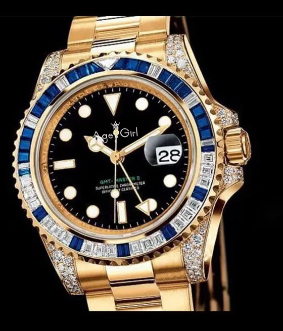 

LuxuryNew Brand Men Automatic Mechanical Rainbow Square Diamonds Blue Bezel GMT Stainless Steel Gold Black Classic Gent's Watch