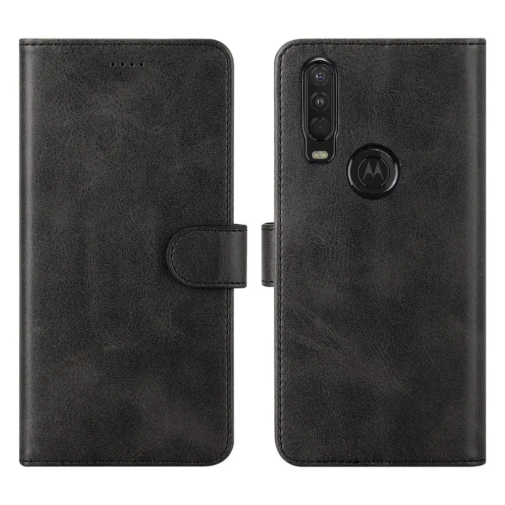 Чехол из натуральной кожи для Motorola Moto One Action Case откидной Чехол-кошелек для Moto One action Card Stand Магнитный чехол-книжка - Цвет: black