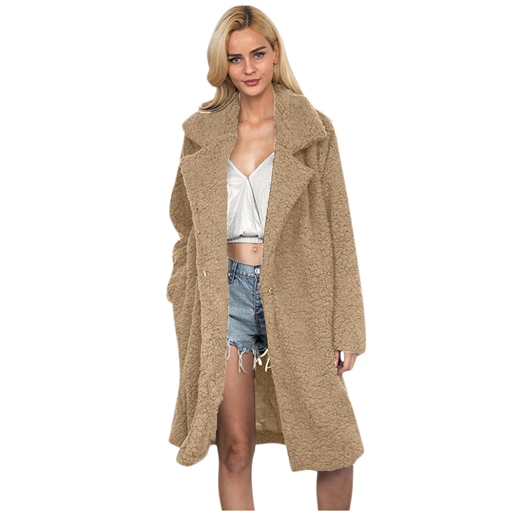 Womail Women Long Sleeve Autumn Winter Thick faux fur Warm Jacket Coats Plus Size Loose Pocket Pink Lady Plush Overcoat