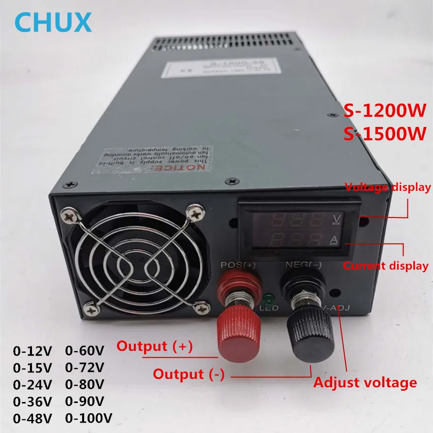 

CHUX 110V 220V 380V AC Switching Power Supply 1500W 0-12v 15v 24v 27v 36v 48v 60v 72v 80v 90v 100V DC With Display Adjustable