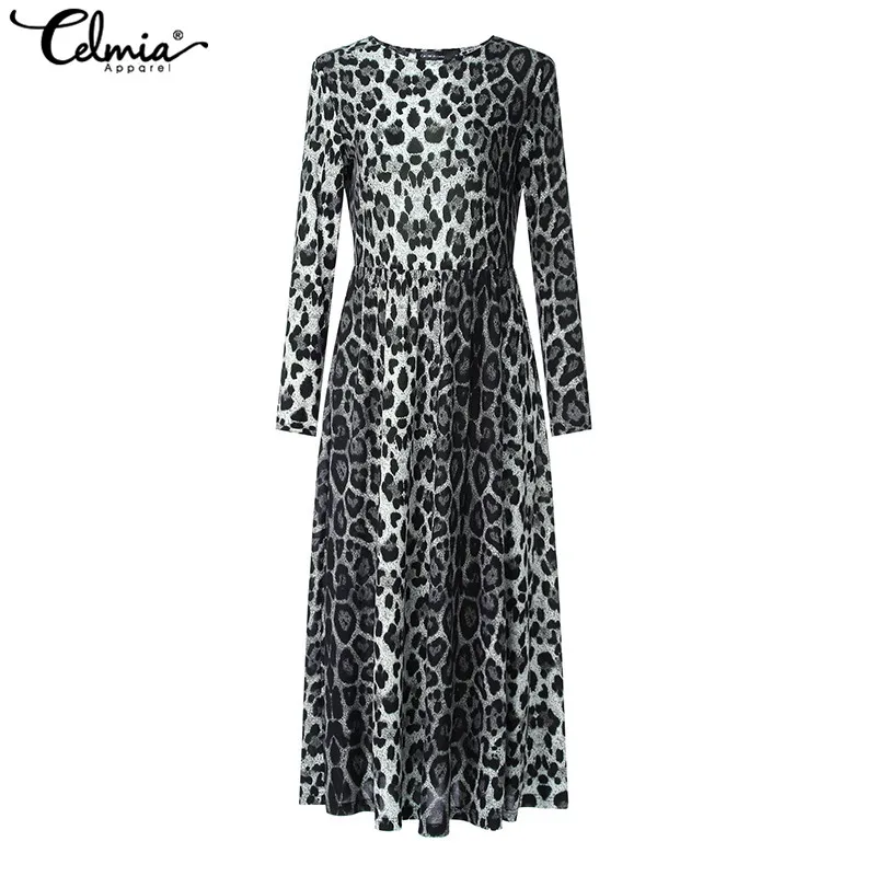Женское длинное Макси платье cellumia, осенние женские платья с леопардовым принтом, повседневные свободные плиссированные платья с длинным рукавом размера плюс, вечерние платья