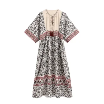 

2020 Women Chic Fashion Floral Print With Seashells Midi Dress Vintage Tied V Neck Short Sleeve Dresses Female Vestidos