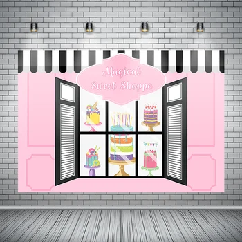 

Cartoon pink magical dessert shop photography background cake display cabinet photo kids party birthday party photo backdrop