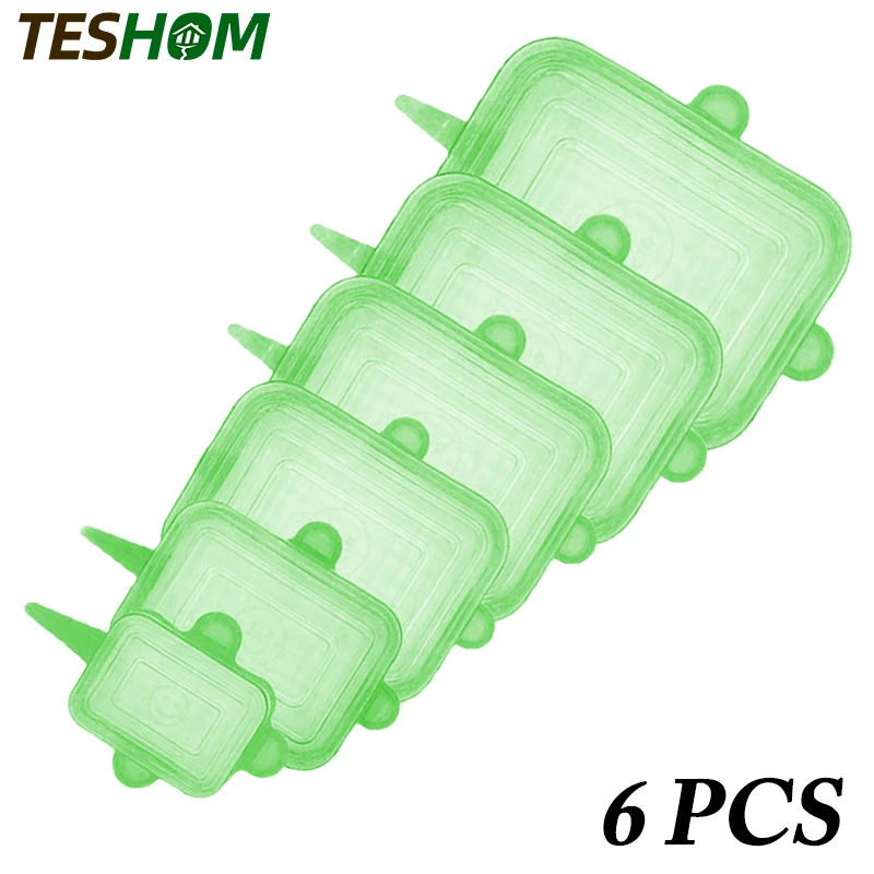 Set Tapas de silicona de grado alimenticio Estiramiento de la tapa del taz/ón de la tapa del protector de alimentos 6PCS