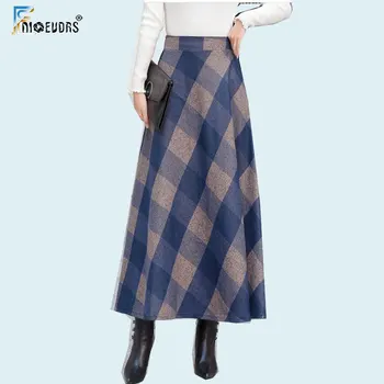 

A Line Winter Skirts Women Hot Warm Design Elegant Lady Office Long Skirt Plaid Printed Elastic High Waist Vintage Plaid Skirts