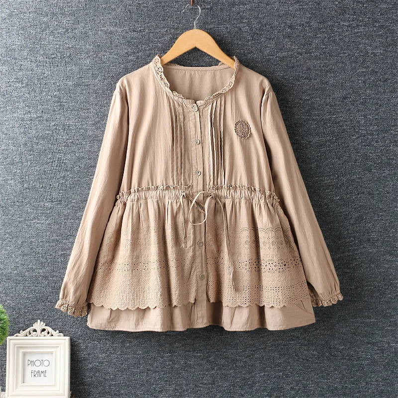 

2019 Autumn Sweet Mori Girl Embroidery Drawstring Waist Doll Shirt Loose Long Sleeve Women Cotton Linen Shirt Jacket Female Coat