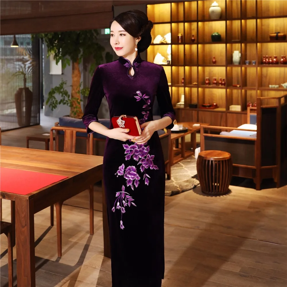 Шанхай история бархат Cheongsam китайское платье вышивка Qipao длинное