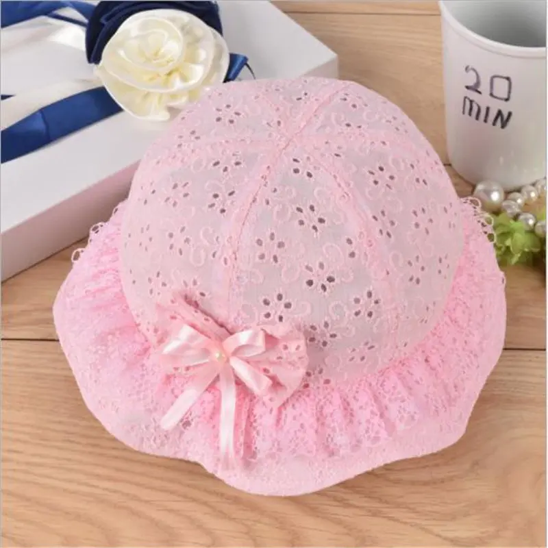 pink Милая Кружевная летняя шляпа для малышей, Панама, полый колпачок с бантом, жемчужная шляпа рыбака для девочек, широкая Плавательная шапочка - Цвет: pink