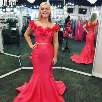 

Two Pieces Flowers Off Shoulder Prom Dresses Sweep Train Formal Party Evening Gowns Sexy Special Occasion Dresses Cheap Vestidos