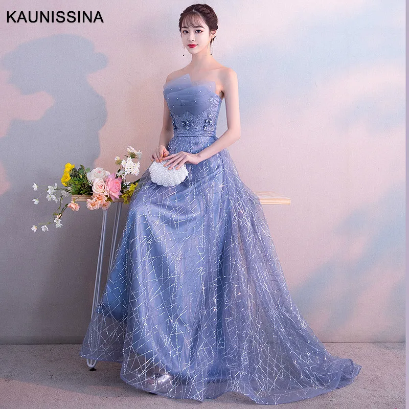 

KAUNISSINA Off Shoulder Evening Dresses Elegant Tulle Sequins Long Formal Gowns Lace Up Back Blue Sexy Prom Dress Vestidos