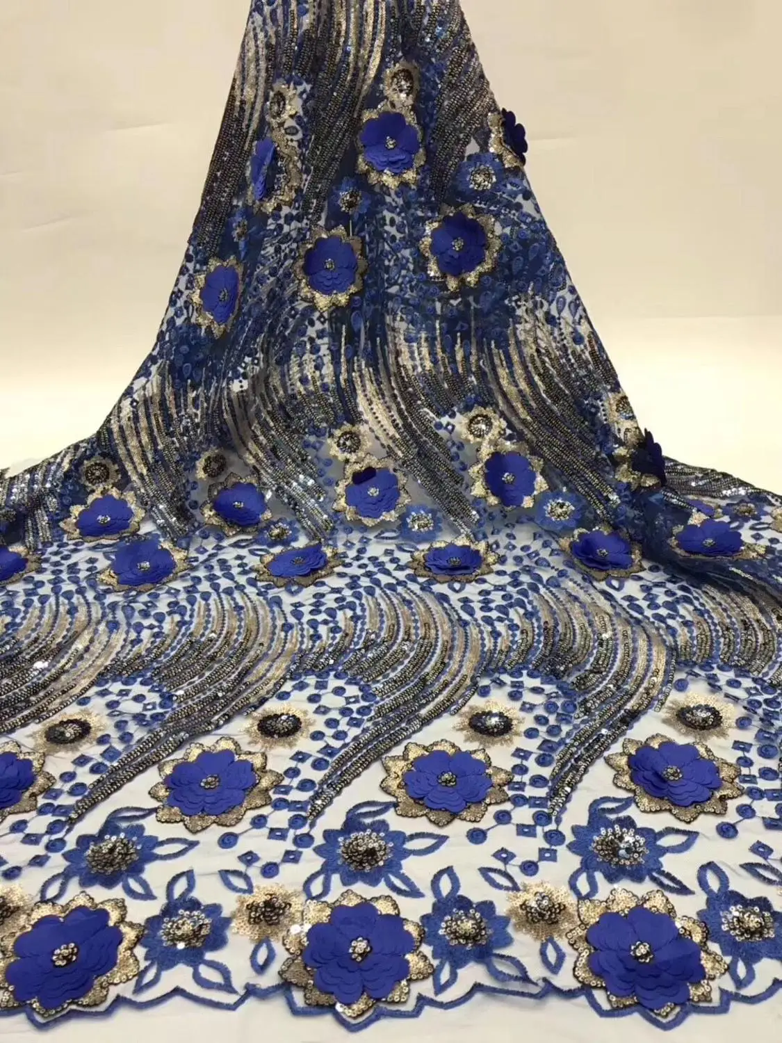

2019 New style French net lace fabric 3D flower African tulle mesh lace fabric high quality african lace fabric Navy blue