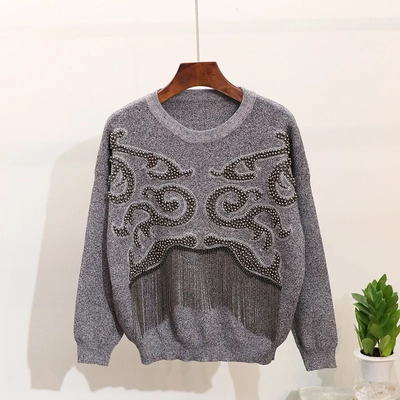 

Fashion Women Winter Tassel Knitted Sweater Pants Set Beading Long Sleeve Pullover Tops Trousers 2 Pieces Suits Warm Two Piece