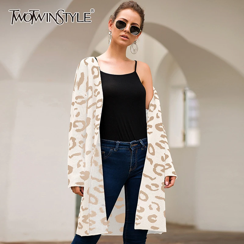 

TWOTWINSTYLE Leopard Print Elegant Women's Sweater V Neck Loose Oversize Open Stitch Knitted Long Sweaters Female 2019 Fashion