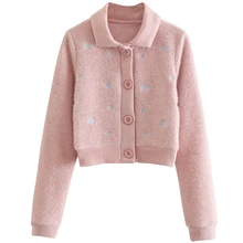 

Maxdutti Winter Sweaters Women England Style Fashion Floral Embroidery Pink Color Long Sleeve Knitted Cardigans Women Short Tops